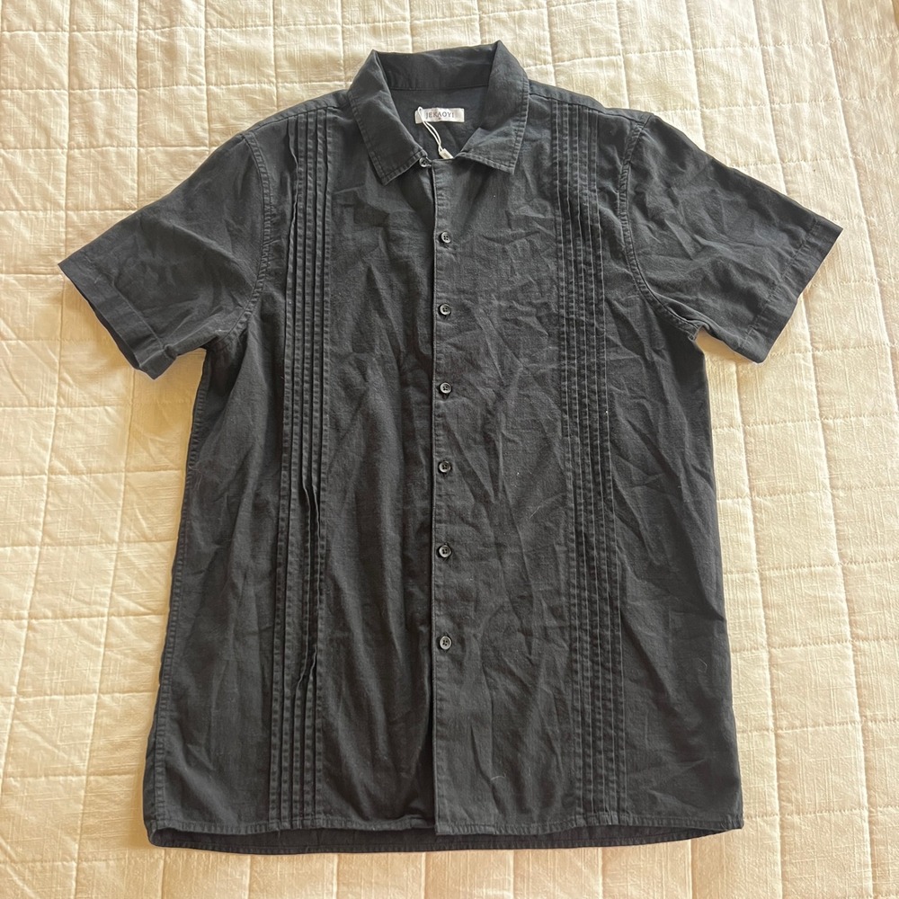 Jekaoyi Mens Black Cotton Linen Guayabera Short Sleeve Pintuck Shirt Size M